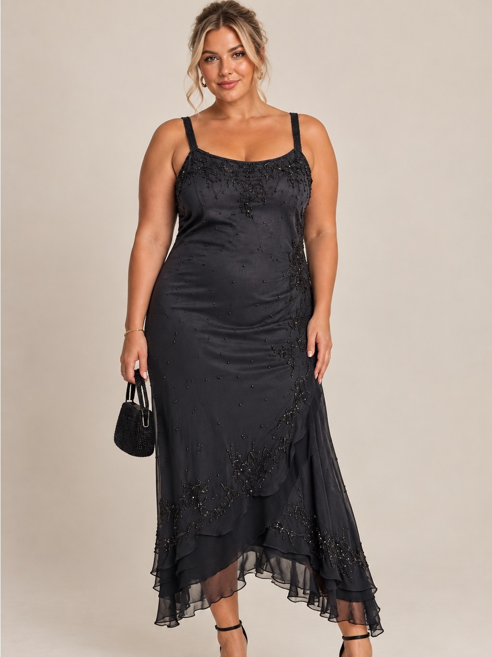 SCALA • black beaded vintage Y2K silk asymmetrical whimsigoth dress